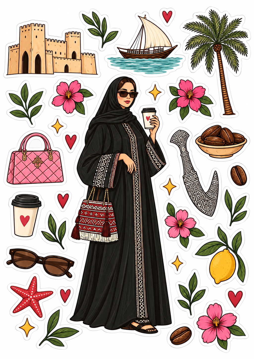 Omani Charm Sticker Sheet: Omani woman in an embroidered abaya with fort, dhow, palm tree, khanjar and date stickers