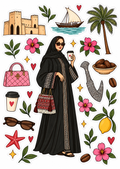 Omani Charm Sticker Sheet: Omani woman in an embroidered abaya with fort, dhow, palm tree, khanjar and date stickers
